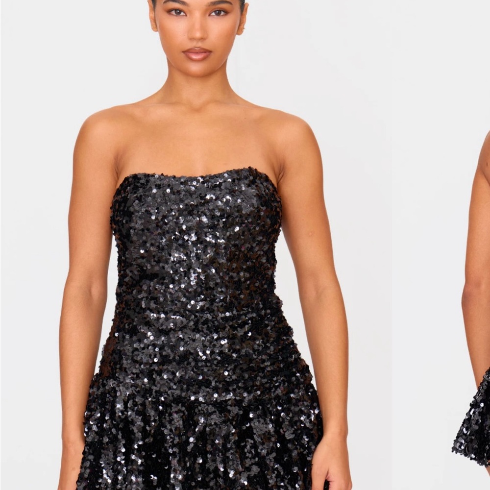 BLACK SEQUIN BANDEAU PLEATED SKORT ROMPER